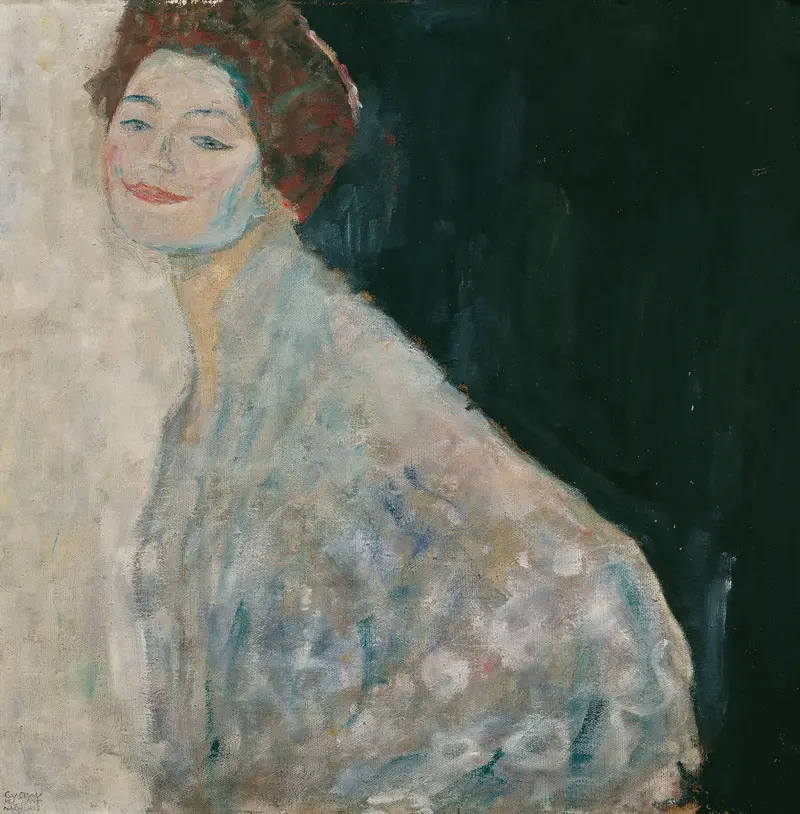 Dame in Weiß by Gustav Klimt features a woman in white against a golden background.