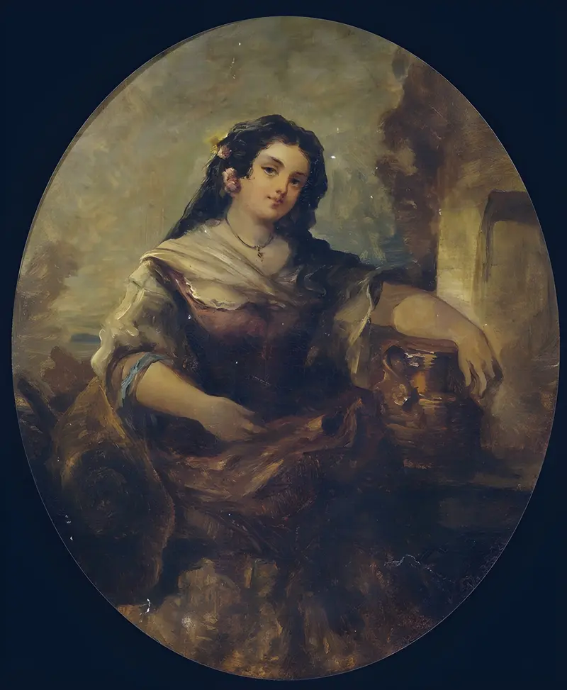 A charming portrait of a young girl at a well by Narcisse-Virgile Diaz de La Peña.