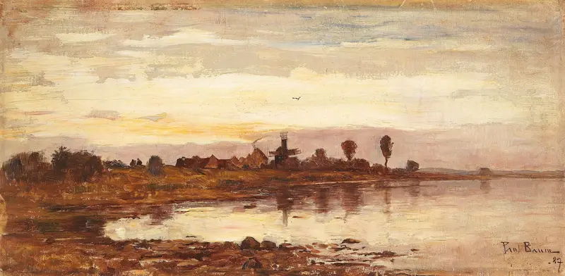 Dutch landscape with a canal and windmill by Paul Baum, oil painting