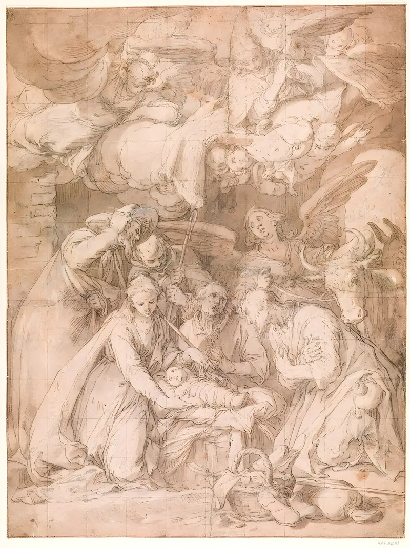 The worship of the shepherds by Abraham Bloemaert depicts shepherds adoring the newborn Christ.