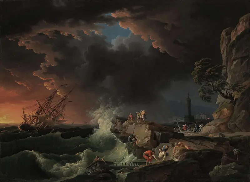 Oil painting by Claude-Joseph Vernet depicting a shipwreck with figures coming ashore
