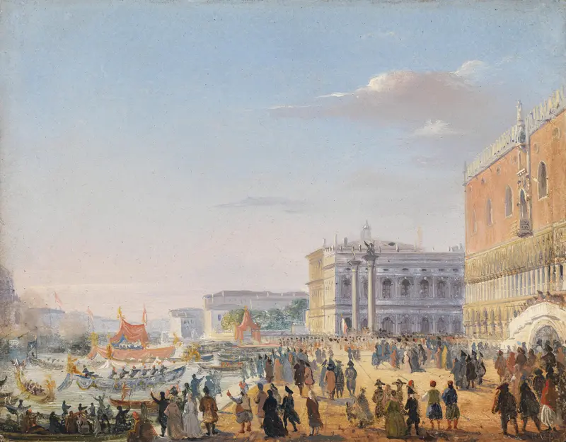 Historical oil painting by Ippolito Caffi depicting royal figures arriving in Venice