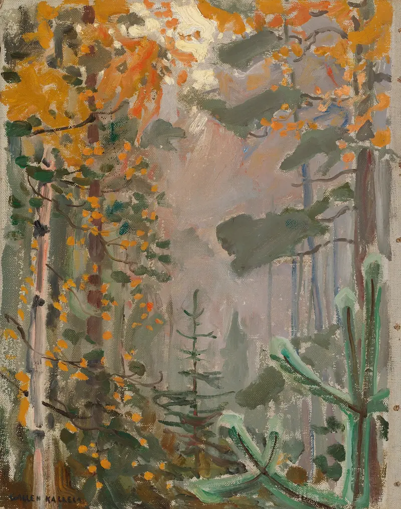 Autumn Landscape oil painting by Akseli Gallen-Kallela featuring a serene lake and autumn foliage.