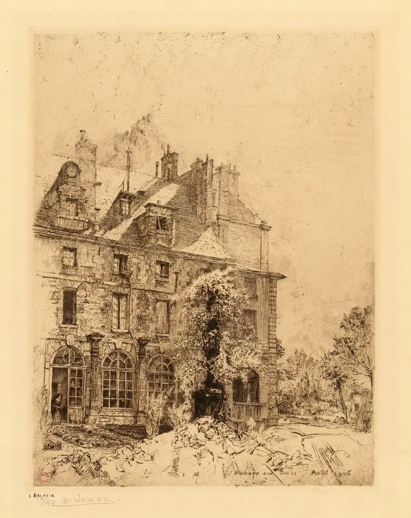 L’abbaye aux bois by Charles Jouas, oil on canvas, depicting sunlight through archways and ivy-covered walls.