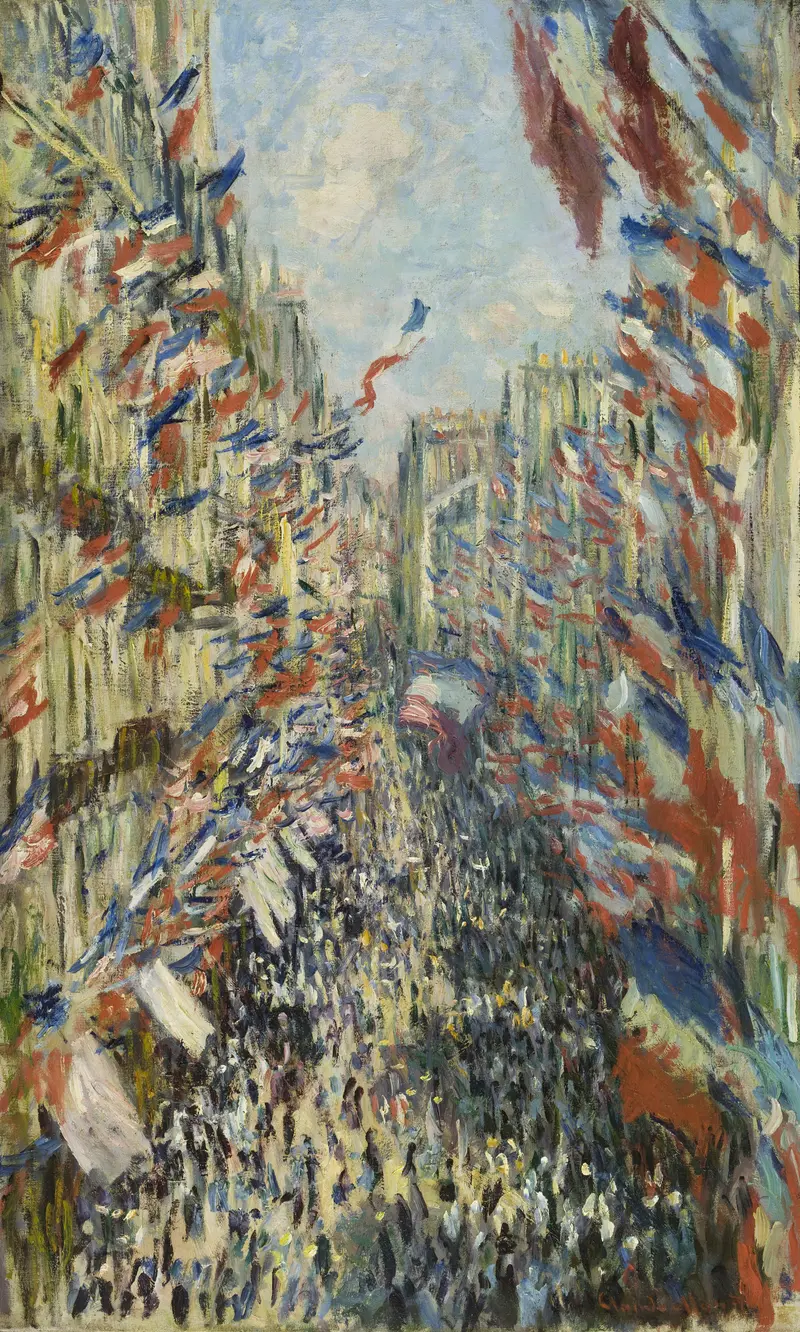 A crowded Rue Montorgueil filled with people beneath numerous fluttering French flags on buildings during a bright celebration.