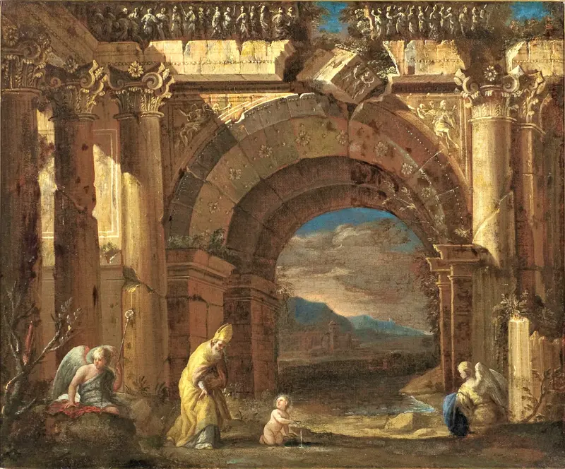 A bishop in golden robes leans toward a child tracing a circle in the earth, framed by ruined columns and angels.