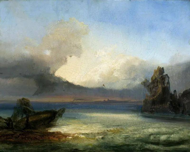 Marine landscape by James Baker Pyne, oil painting depicting ocean waves and a cloud-streaked sky.