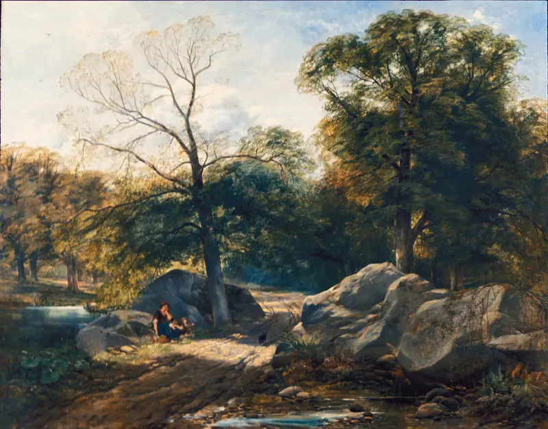 Rest by the Way, oil on canvas by Thomas Creswick, depicting a figure seated in a tranquil forest.