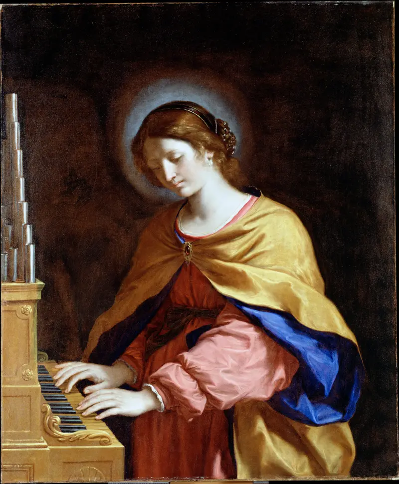 Guercino's 'St. Cecilia' depicts the patron saint of music surrounded by instruments and angels.