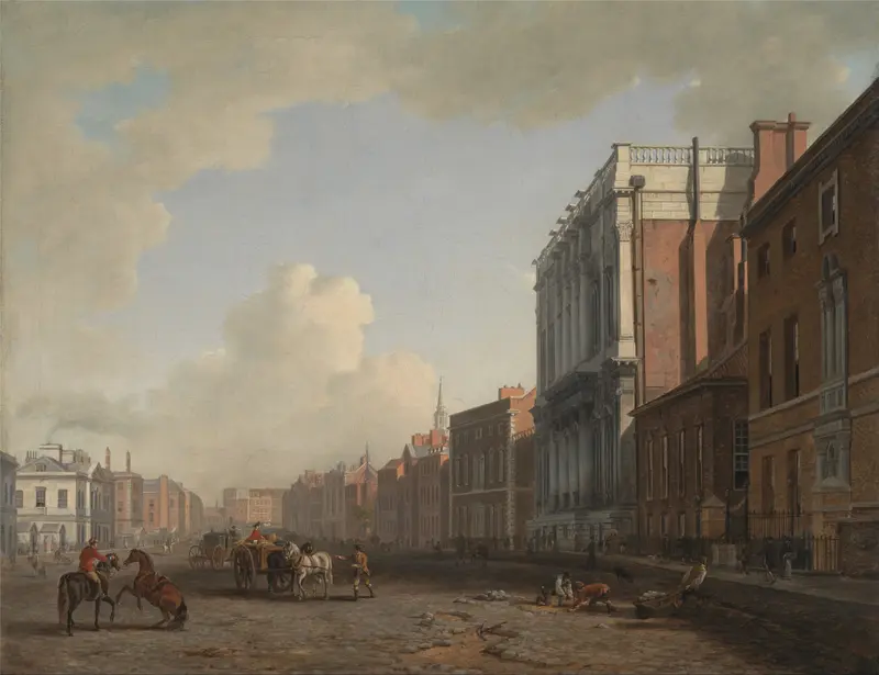Landscape of Whitehall by William Marlow, oil on canvas, featuring a canal and misty buildings.