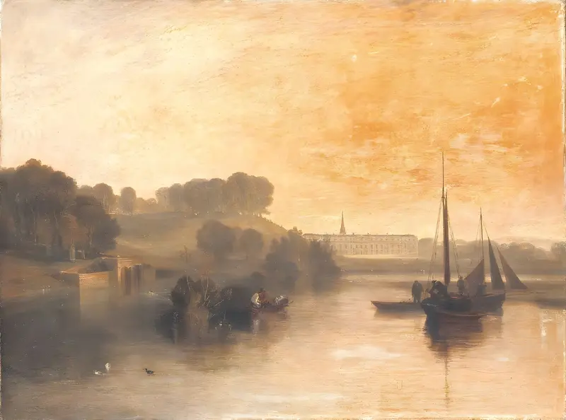 A golden-hued lake scene with boats, figures, trees, a brick bridge, and a large house under a glowing sky.