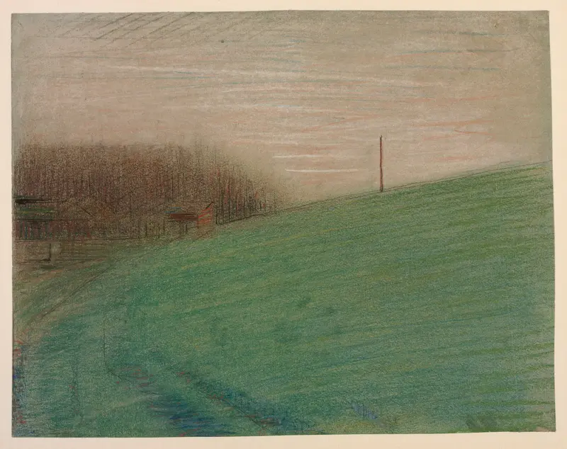 The Meadow by Georges Seurat, oil painting depicting a tranquil landscape with vibrant greens.
