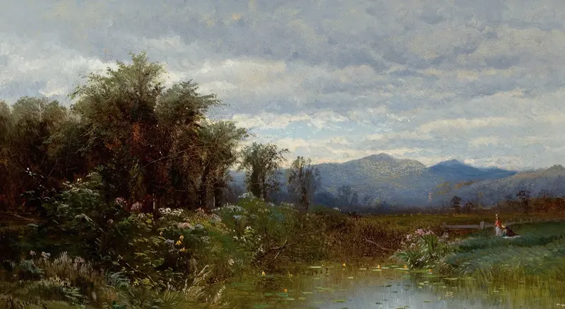 North Conway, New Hampshire by Alfred Thompson Bricher, oil on canvas depicting mountains and sunlight.