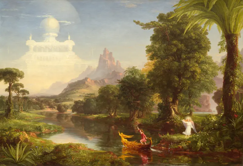 The Voyage of Life – Youth by Thomas Cole, oil painting depicting a young figure on a river.