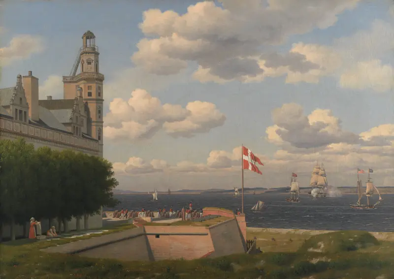 Kronborg Castle with a large Danish flag, two women drying laundry beneath trees, sailing ships on the Øresund, and the distant Swedish coast under a cloudy sky.