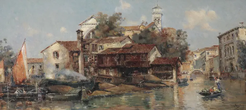 A bustling gondola shipyard in Venice with gondolas, workers, and reflections in the water.