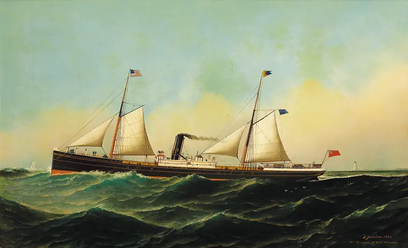 A ship slicing through green-black waves under a vast sky, with sails taut and smoke billowing from the funnel.