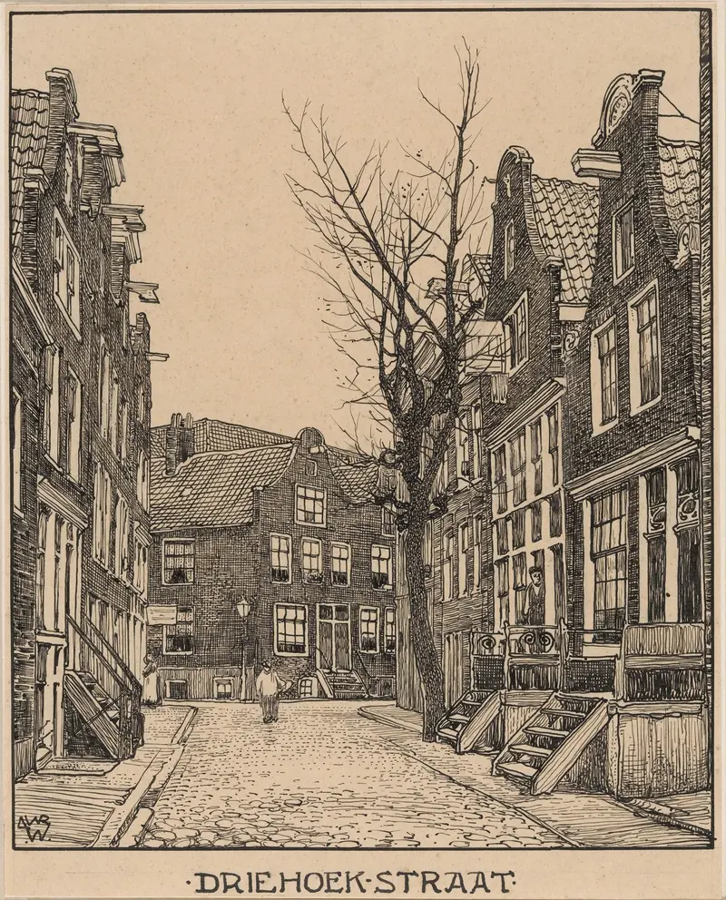 Modernism artwork depicting rooftops at sunset by Willem Wenckebach