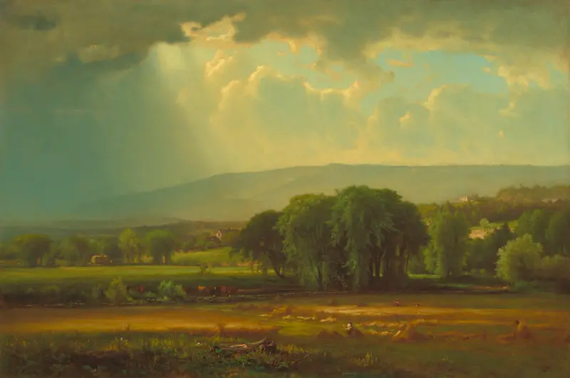 Harvest Scene in the Delaware Valley by George Inness, oil painting of golden fields and serene landscape.
