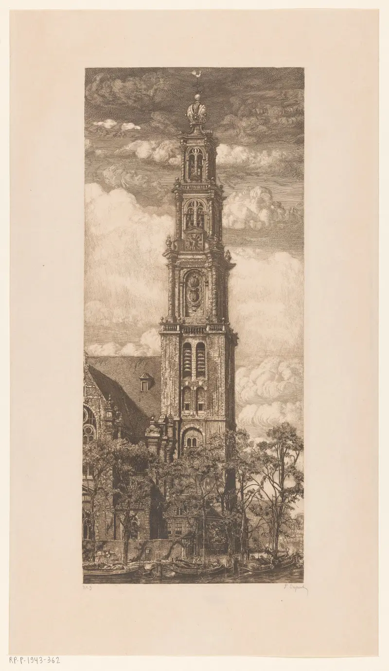 Westertoren in Amsterdam by Pieter Dupont, oil on canvas depicting a clock tower in a tranquil cityscape
