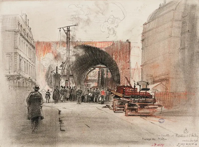 Watercolor by Charles Jouas depicting a construction site in Paris