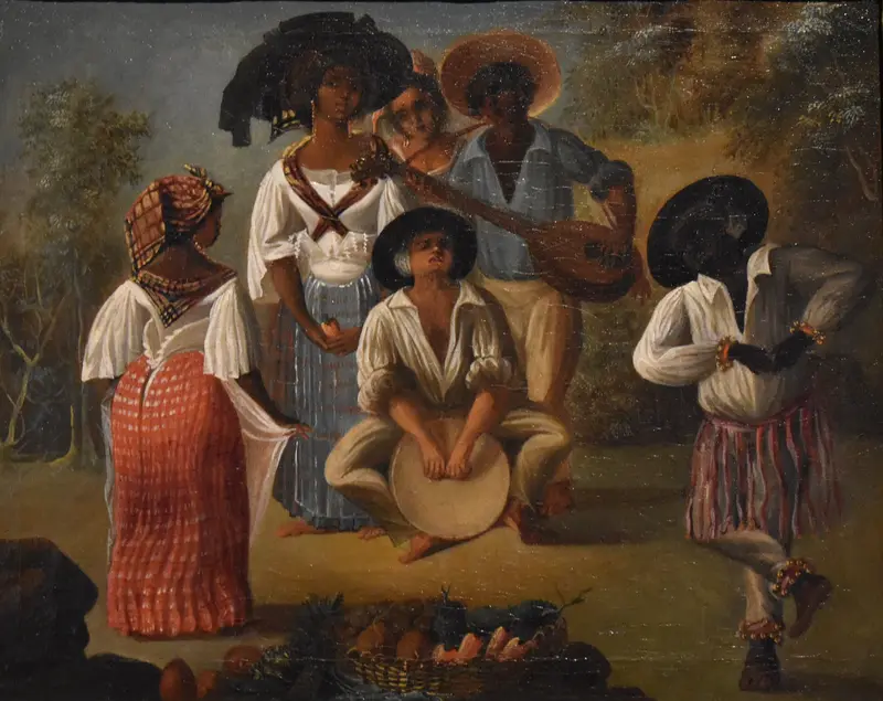 A vibrant scene of dancers and musicians, capturing the rhythm and movement of a tropical dance.
