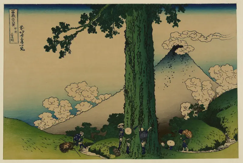 Woodblock print by Katsushika Hokusai depicting Mishima Pass with mountains and a river.
