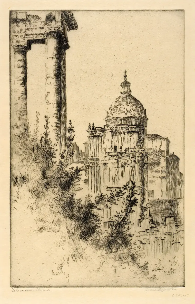 Etching by Bertha Jaques depicting luminous columns in the Roman Forum