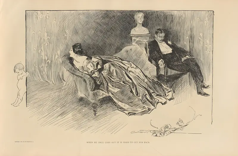 A well-dressed man stands at the threshold of a grand interior, hat in hand, while women look on with amusement.