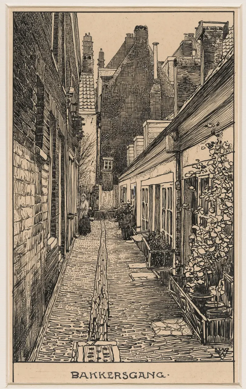 Bakkersgang te Amsterdam by Willem Wenckebach, oil on canvas depicting a figure in a shadowy alley.