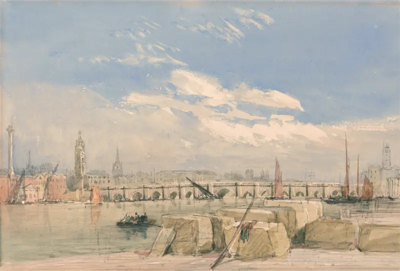 London Bridge by David Cox, oil painting depicting a bridge against a gray sky