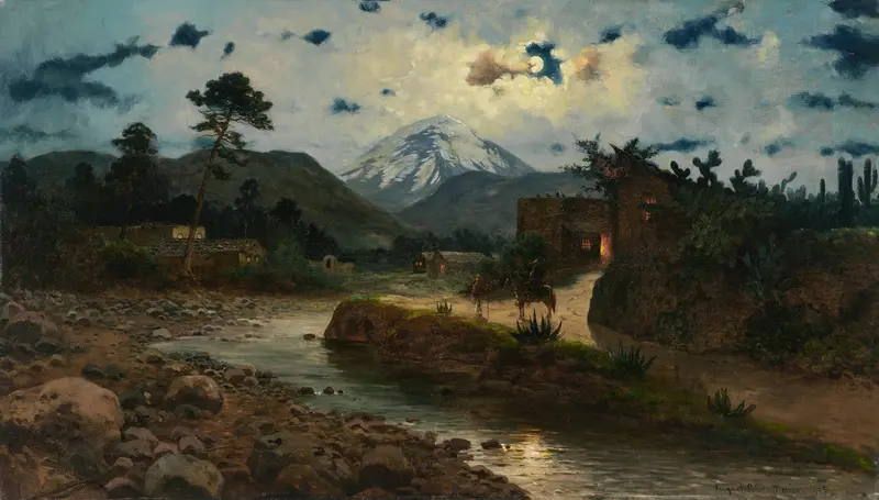 Night scene of Popocatepetl mountain by August Löhr, oil painting