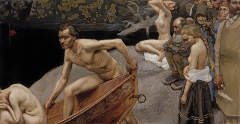 A central figure pulls a boat toward a dark river, surrounded by somber figures caught between life and death.