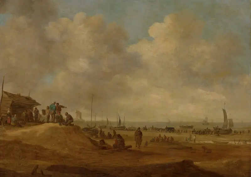 A view of Scheveningen by Jan van Goyen, oil painting depicting a beach scene with figures and gentle waves.