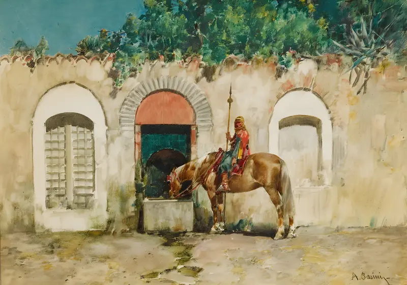 A man on horseback at a fountain, showcasing the beauty of Orientalist art.