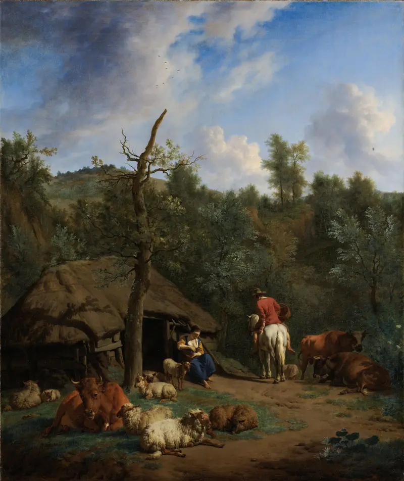 Landscape with a hut and cattle, oil painting by Adriaen van de Velde