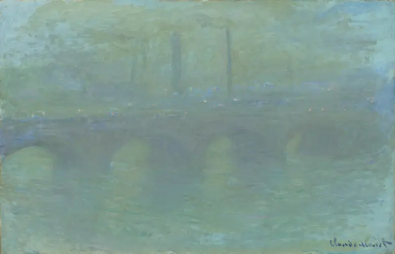 A broad stone bridge stretches across a misty river with hazy city buildings in the background under a pale green and blue sky.