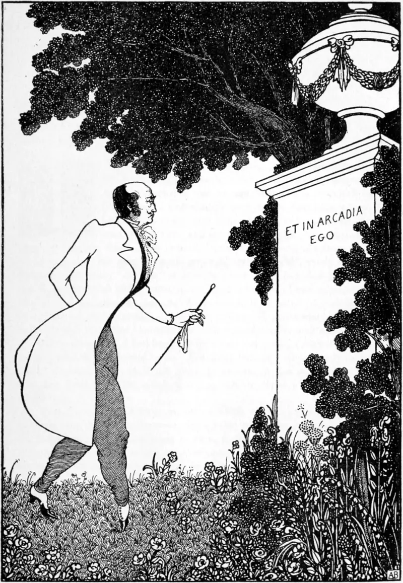 A dapper man in a long coat, holding a cane, stands before a stone urn inscribed with 'ET IN ARCADIA EGO' amidst wildflowers and dense foliage.
