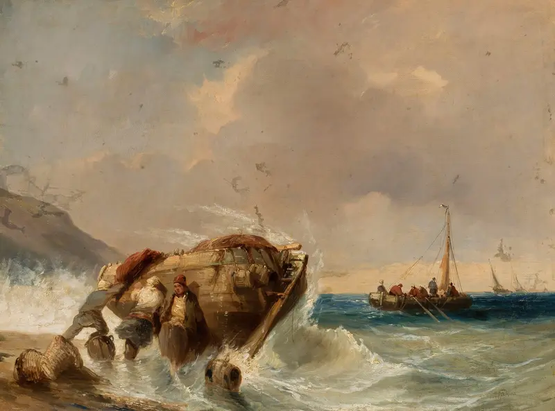 Fishing boat at the seaside by Eugène Isabey, oil painting