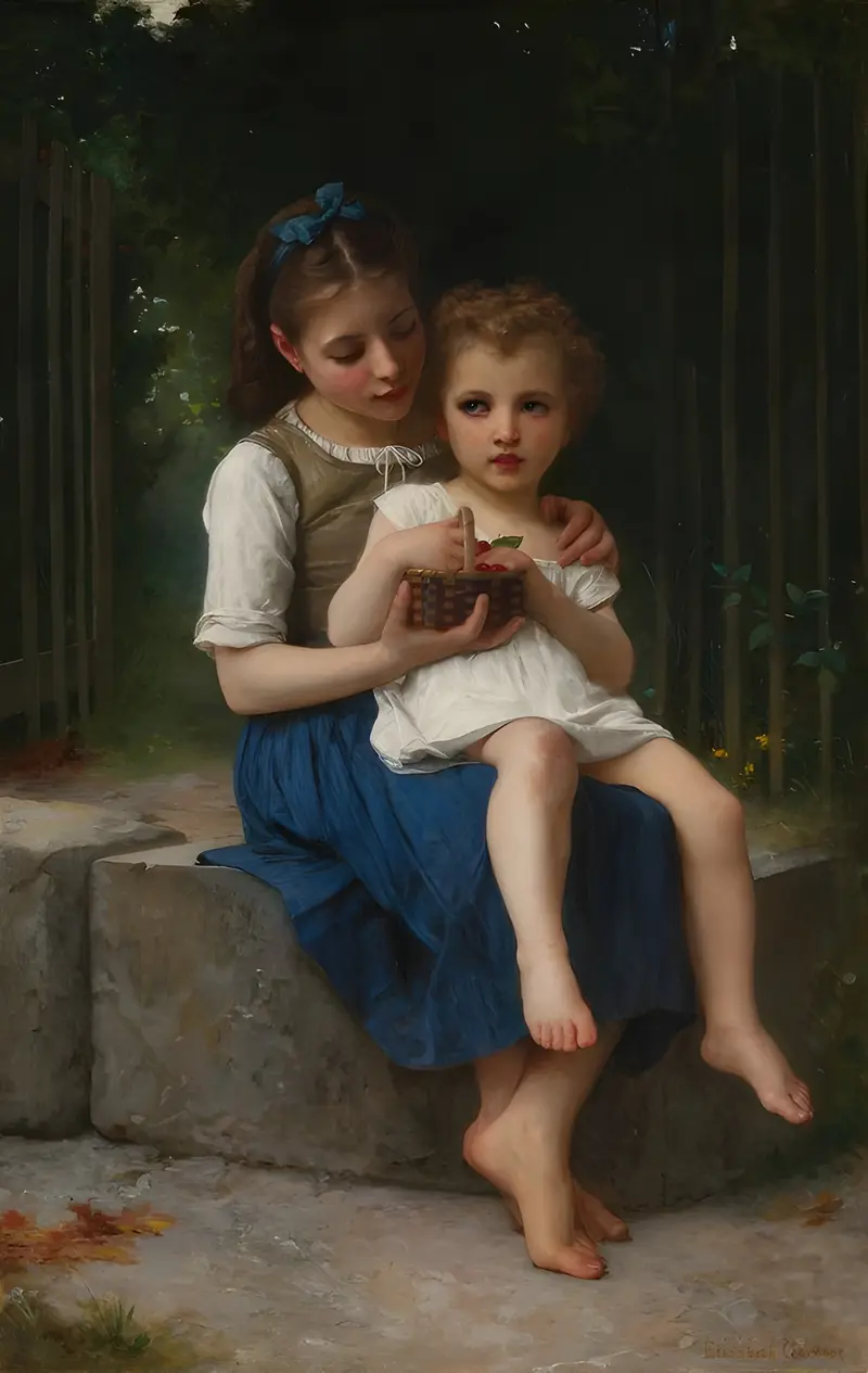 A portrait of a young girl tenderly holding a baby.