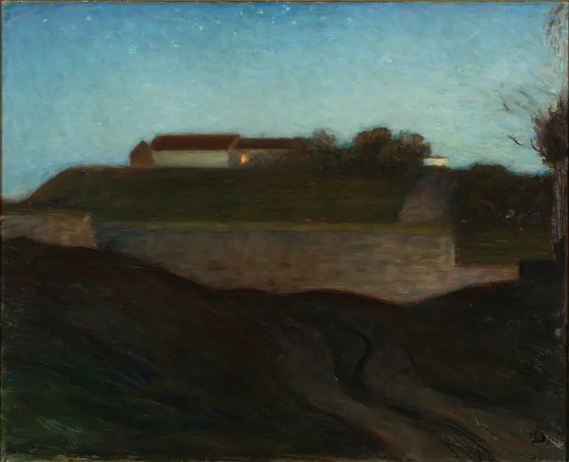 The Fortress of Varberg, oil painting by Richard Bergh, depicting a stronghold in a tranquil landscape.