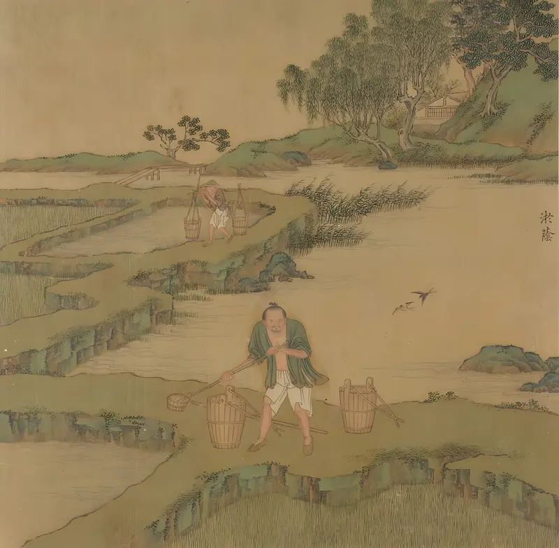 Genre scene of silk production by Qiu Ying, silk medium