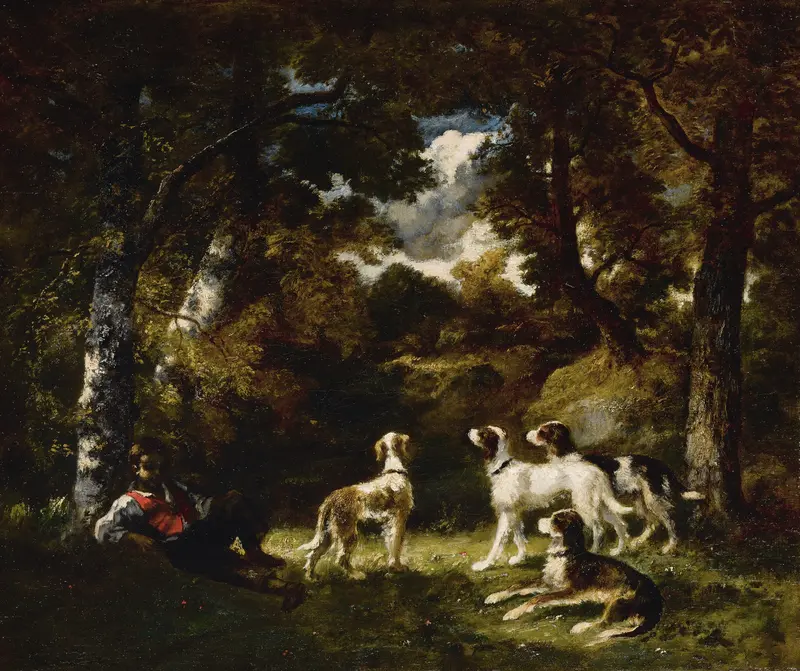 A serene scene depicting a resting hunting dog in a lush landscape.