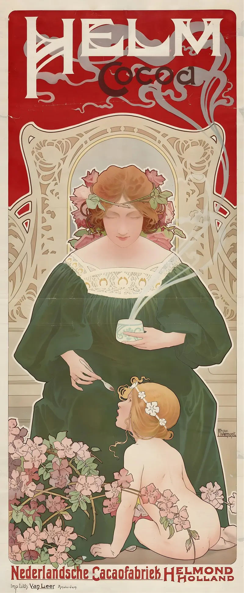 A young woman with flowing hair and flowers raises a cup of cocoa, embodying the elegance of Art Nouveau.