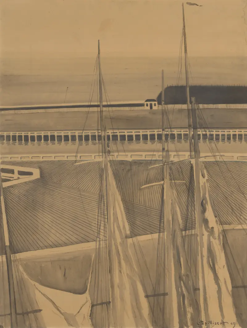 A captivating marine scene by Léon Spilliaert depicting the harbor of Ostend.