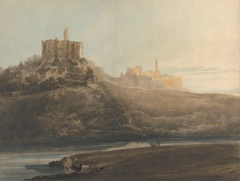 Warkworth Castle in watercolor by Thomas Girtin, showcasing ruins under soft light.