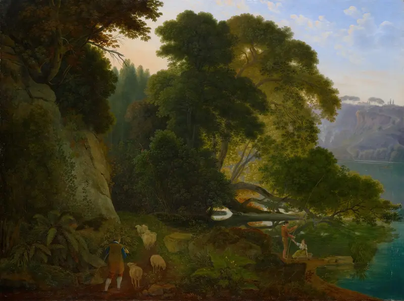 By the Lago di Nemi, oil on canvas by Samuel Birmann, depicting a tranquil lake and hills.