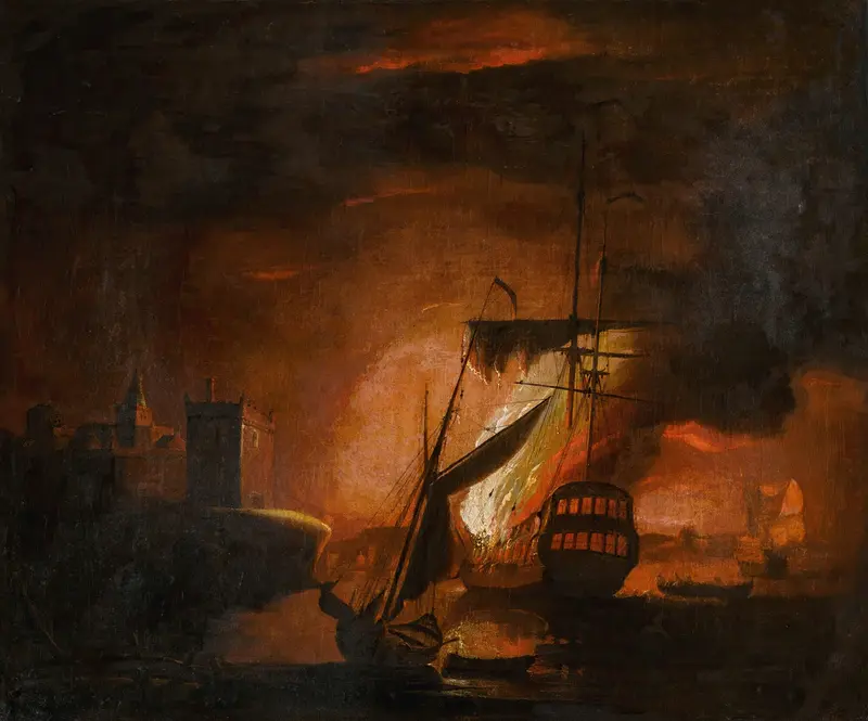 A ship engulfed in flames at night, oil painting by Peter Monamy