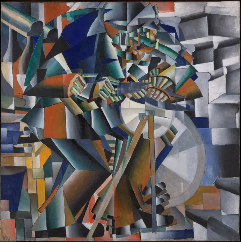 A dynamic depiction of a knife grinder in motion, with fragmented forms and a cold industrial palette.