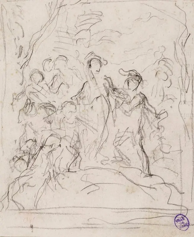 A sketch depicting a group of figures in a forest setting.